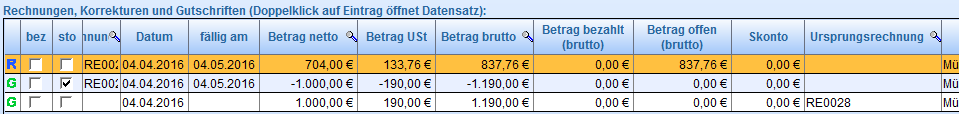 6. Tabellen mit Rechungen/Gutschriften 